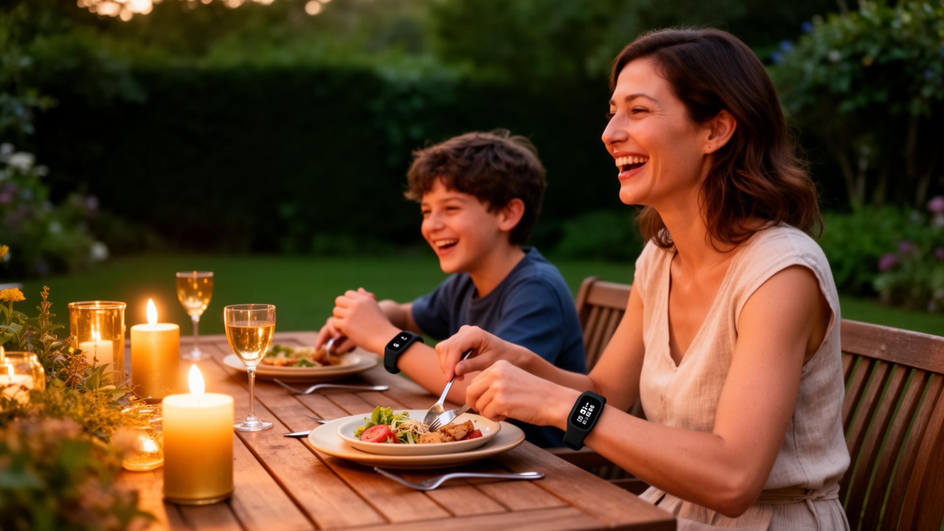 Familie genießt entspannten Sommerabend im Garten mit Mosquito Guard Armband